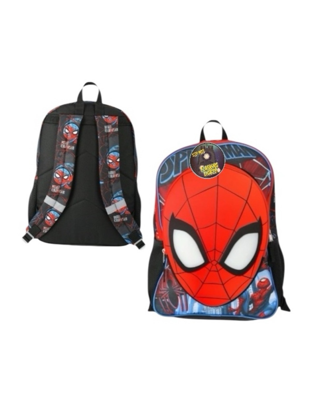 Spiderman Mask Face Light Up Red and Black Backpack with Blue Accents